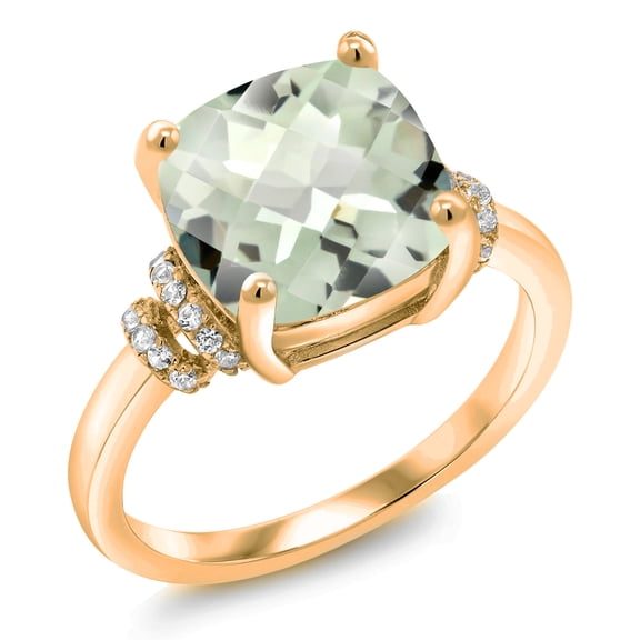 Gem Stone King 4.04 Ct Cushion Checkerboard Green Prasiolite 18K Yellow Gold Plated Silver Ring