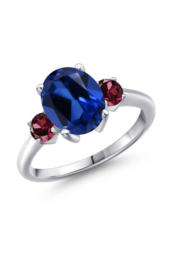 4.04 Ct Oval Blue Created Sapphire Red Rhodolite Garnet 925 Sterling Silver Ring (Size 7)