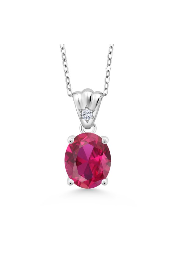 4.04 Ct Oval Red Created Ruby E-F Lab Grown Diamond 925 Sterling Silver Pendant