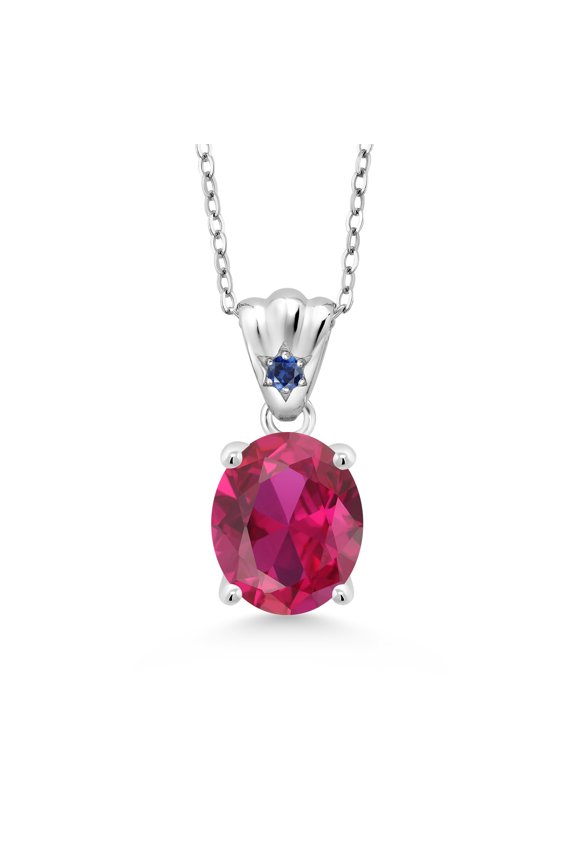4.05 Ct Oval Red Created Ruby Blue Created Sapphire 925 Sterling Silver Pendant