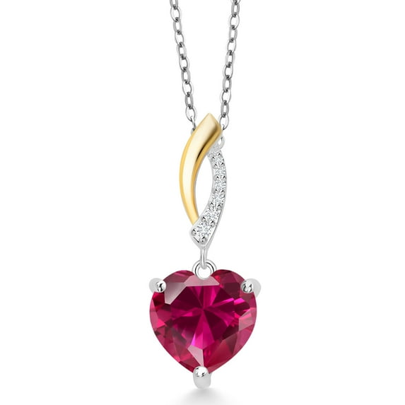Gem Stone King 4.05 Cttw Heart Shape 10MM Red Created Ruby 925 Silver and 10K Yellow Gold Lab Grown Diamond Pendant Necklace for Women By Keren Hanan with 18 inch Chain