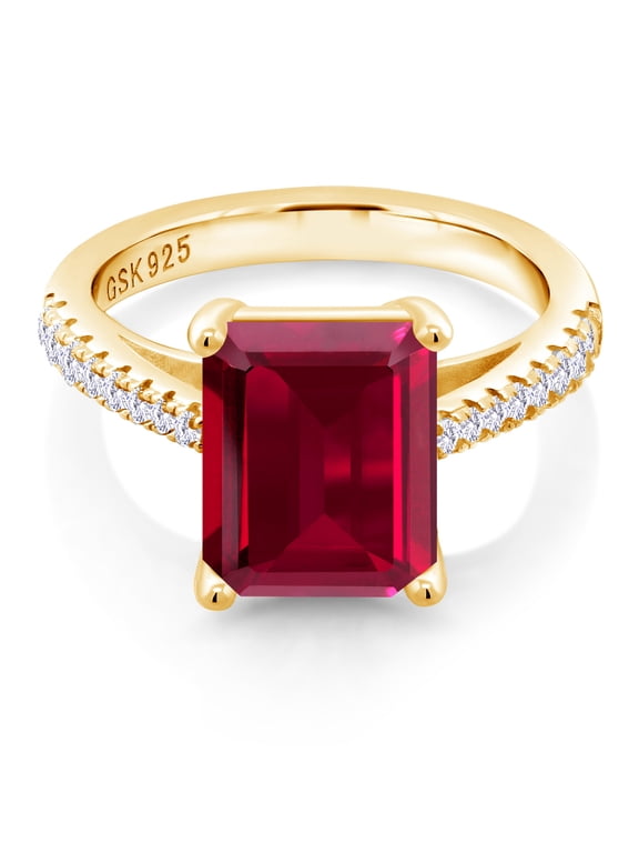 4.06 Ct Red Created Ruby White Created Sapphire 18K Yellow Gold Plated Silver Ring
