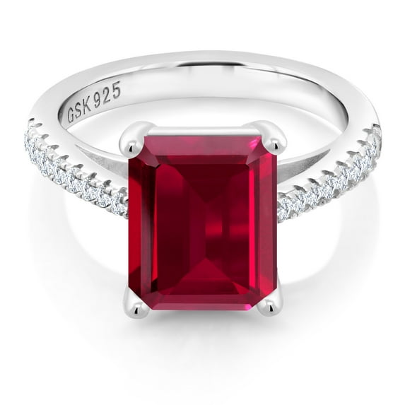 Gem Stone King 4.06 Cttw Red Created Ruby and White Created Sapphire Engagement Ring for Women | 925 Sterling Silver | Emerald Cut 10X8MM | Available in Size 5, 6, 7, 8, 9)