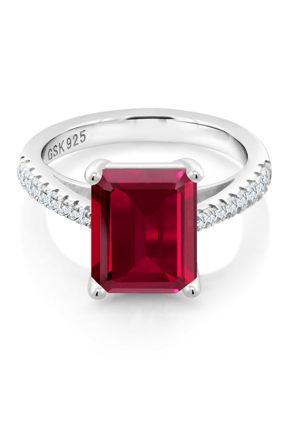 4.06 Cttw Red Created Ruby and White Created Sapphire Engagement Ring for Women | 925 Sterling Silver | Emerald Cut 10X8MM | Available in Size 5, 6, 7, 8, 9)