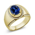 thumbnail image 1 of Gem Stone King 4.09 Ct Oval Blue Created Sapphire 18K Yellow Gold Plated Silver Men's Ring (Size 11), 1 of 3