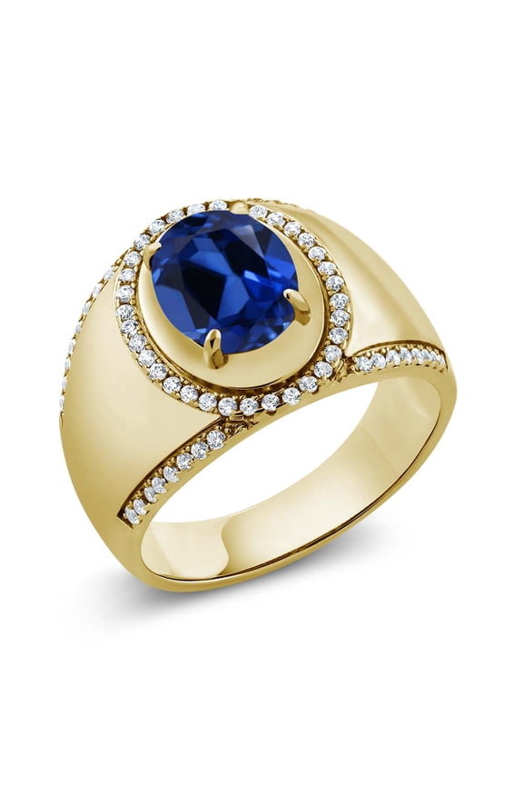 4.09 Ct Oval Blue Created Sapphire 18K Yellow Gold Plated Silver Men's Ring (Size 10)