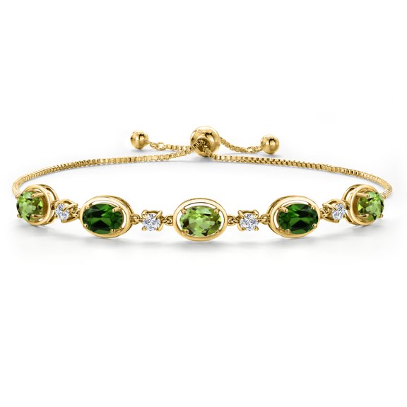 18K Yellow Gold Plated Silver Green Peridot and Green Chrome Diopside and Lab Grown Diamond Bracelet for Women | 4.50 Cttw | Gemstone August Birthstone | Oval 7X5MM | Fully Adjustable 9 inch