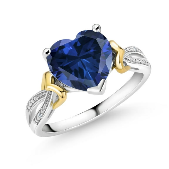 Gem Stone King 4.11 Cttw Blue Simulated Sapphire and White Lab Grown Diamond 925 Silver and 10K Yellow Gold Engagement Ring | 10MM Heart Shape Ring for Women (Size 8)