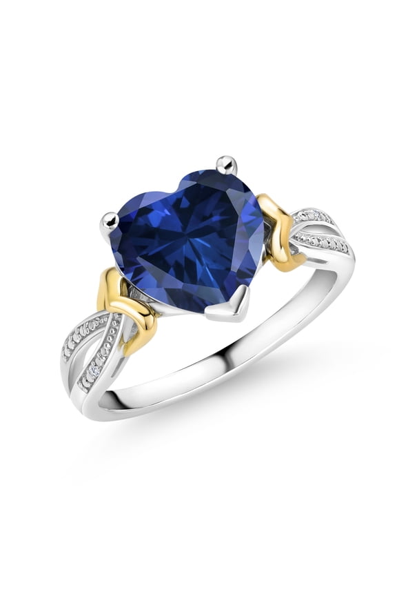 4.11 Cttw Blue Simulated Sapphire and White Lab Grown Diamond 925 Silver and 10K Yellow Gold Engagement Ring | 10MM Heart Shape Ring for Women (Size 7)