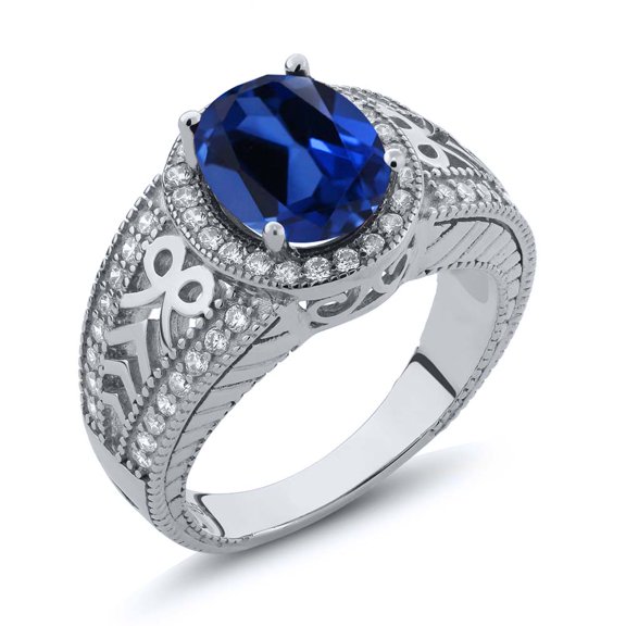 Gem Stone King 4.12 Ct Oval Blue Created Sapphire 925 Sterling Silver Ring (Size 5)