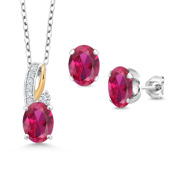 Gem Stone King 4.14 Ct Red Created Ruby E-F Lab Grown Diamond 925 Silver and 10K Yellow Gold Pendant and Earrings Jewelry Set