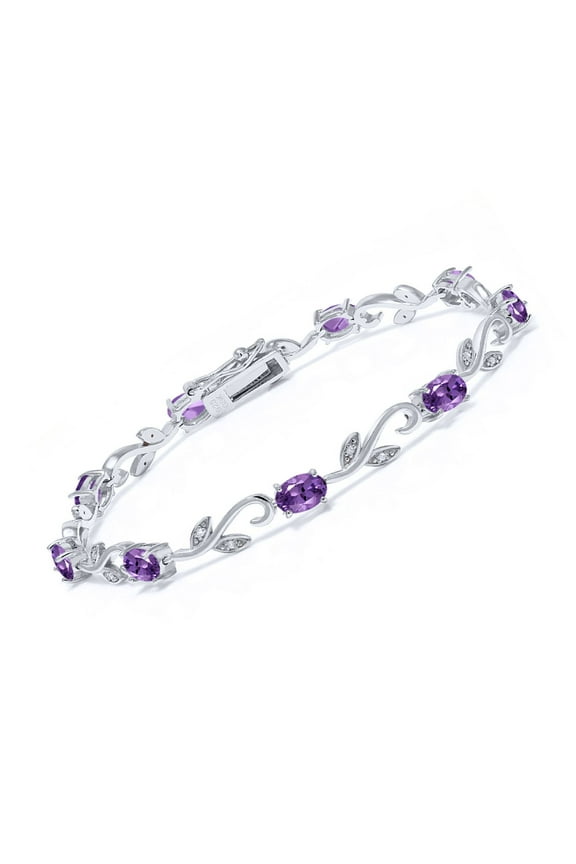 4.18 Cttw Purple Amethyst and White Diamond Greek Vine Tennis Bracelet for Women in 925 Sterling Silver | Gemstone Birthstone | Oval 6X4MM | 7 inch