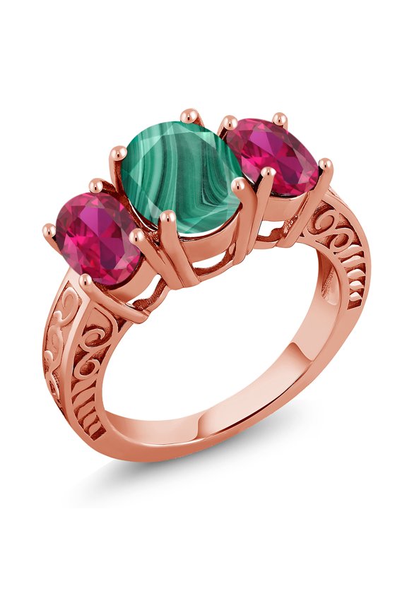 4.20 Ct Oval Green Malachite Red Created Ruby 18K Rose Gold Plated Silver Ring (Size 5)