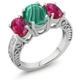 thumbnail image 1 of Gem Stone King 4.20 Ct Oval Green Malachite Red Created Ruby 925 Sterling Silver Ring (Size 7), 1 of 3