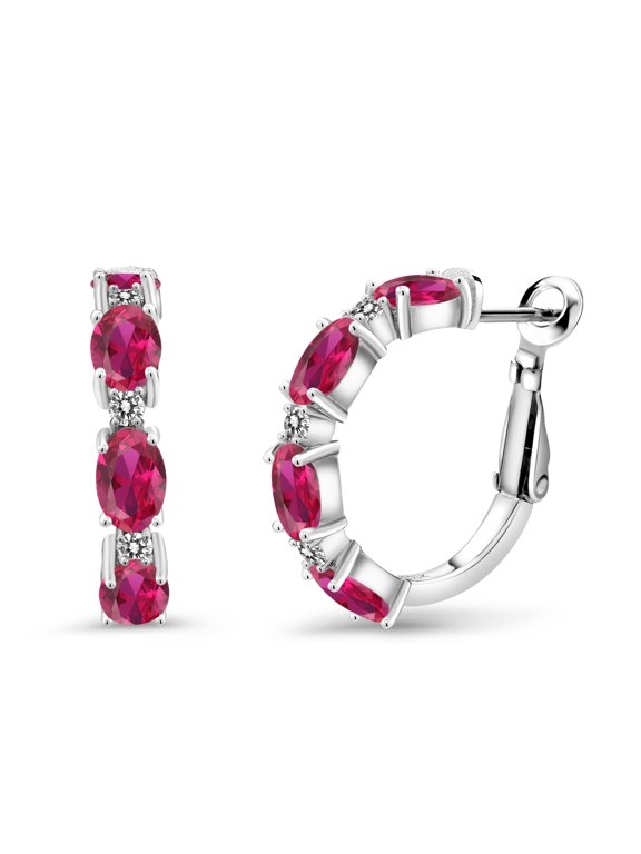 4.20 Ct Oval Red Created Ruby White Diamond 925 Sterling Silver Hoop Earrings