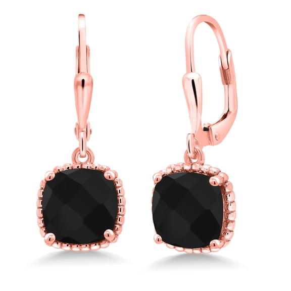 Gem Stone King 4.22 Ct Cushion Checkerboard Black Onyx 18K Rose Gold Plated Silver Earrings