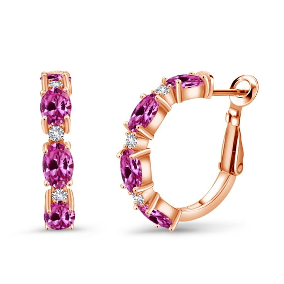 Gem Stone King 4.24 Ct Pink Created Sapphire White Created Sapphire 18K Rose Gold Plated Silver Hoop Earrings