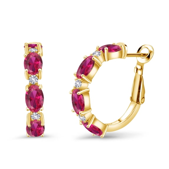 Gem Stone King 4.24 Ct Red Created Ruby White Created Sapphire 18K Yellow Gold Plated Silver Hoop Earrings