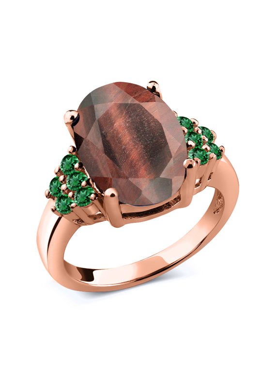 4.25 Ct Oval Red Tiger Eye Green Nano Emerald 18K Rose Gold Plated Silver Ring (Size 6)