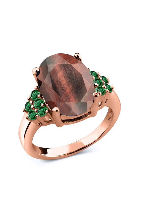 4.25 Ct Oval Red Tiger Eye Green Nano Emerald 18K Rose Gold Plated Silver Ring (Size 9)