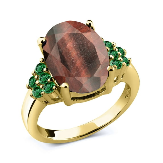 Gem Stone King 4.25 Ct Oval Red Tiger Eye Green Nano Emerald 18K Yellow Gold Plated Silver Ring (Size 9)