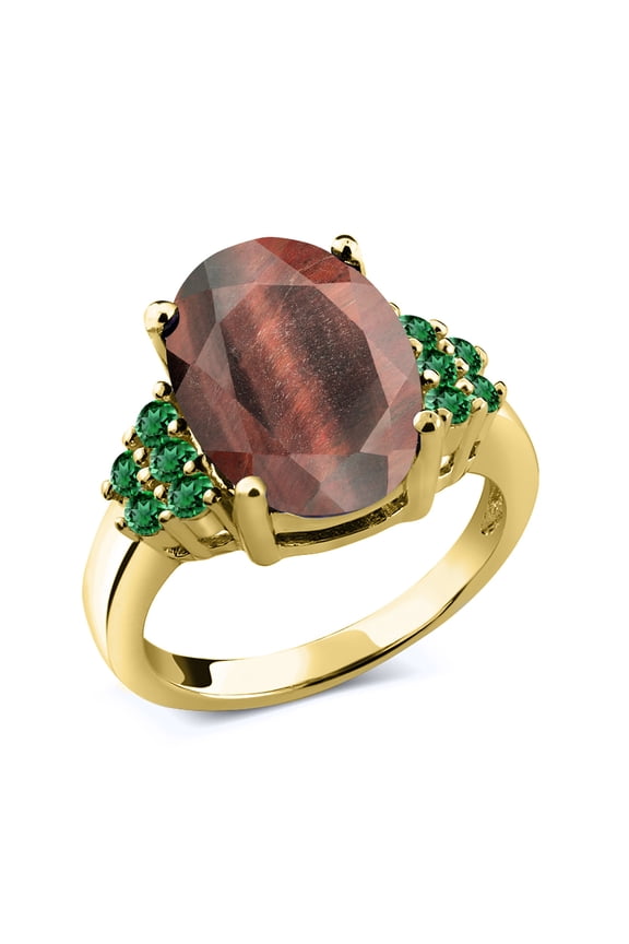 4.25 Ct Oval Red Tiger Eye Green Nano Emerald 18K Yellow Gold Plated Silver Ring (Size 5)