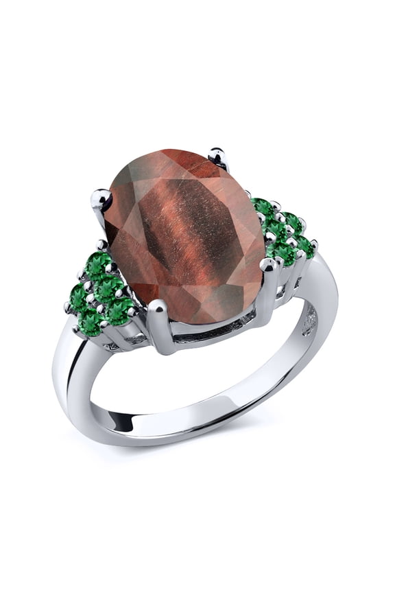 4.25 Ct Oval Red Tiger Eye Green Nano Emerald 925 Sterling Silver Ring (Size 9)