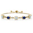 thumbnail image 1 of 18K Yellow Gold Plated Silver Sky Blue Aquamarine and Blue Created Sapphire and Lab Grown Diamond Bracelet for Women | 4.65 Cttw | Gemstone March Birthstone | Oval 7X5MM | Fully Adjustable 9 inch, 1 of 6