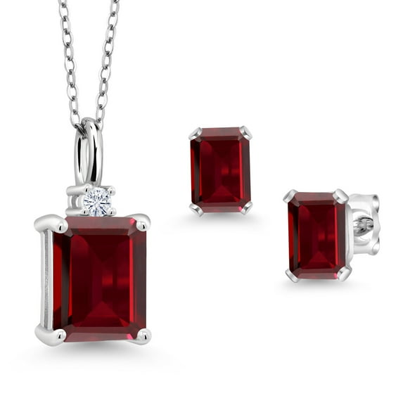 Gem Stone King 4.25 Cttw Red Garnet 925 Sterling Silver Pendant Earrings Set for Women | Emerald Cut 9X7MM and 6X4MM | With 18 inch Silver Chain
