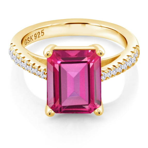 Gem Stone King 4.26 Cttw Pure Pink Mystic Topaz and White Created Sapphire 18K Yellow Gold Plated Silver Ring for Women | Gemstone Birthstone | Available in Size 5, 6, 7, 8, 9