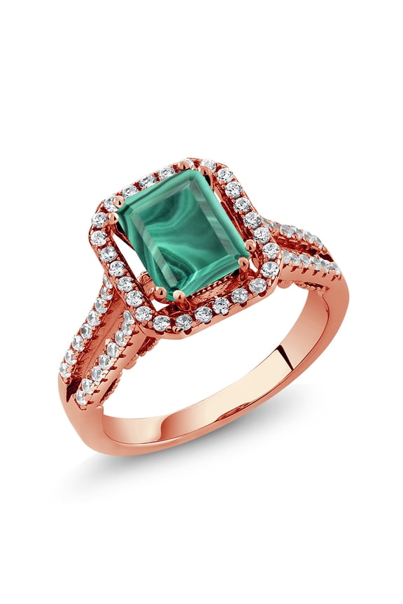 4.28 Ct Emerald Cut Green Malachite 18K Rose Gold Plated Silver Ring