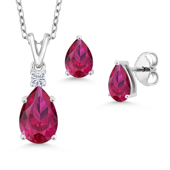 Gem Stone King 4.28 Cttw Red Created Ruby and White Moissanite Pendant and Earrings Jewelry Set for Women in 925 Sterling Silver | Pear Shape 10X7MM and 7X5MM | With 18 inch Chain