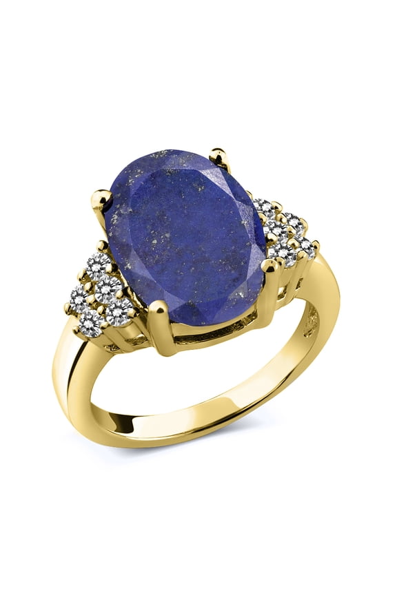 4.33 Ct Oval Blue Lapis White Diamond 18K Yellow Gold Plated Silver Ring (Size 5)