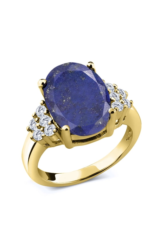 4.38 Ct Oval Blue Lapis E-F Lab Grown Diamond 18K Yellow Gold Plated Silver Ring (Size 9)