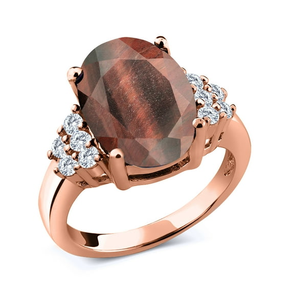 Gem Stone King 4.38 Ct Oval Red Tiger Eye E-F Lab Grown Diamond 18K Rose Gold Plated Silver Ring (Size 9)