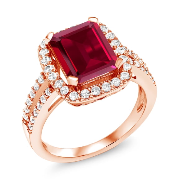 Gem Stone King 4.38 Ct Red Created Ruby White Created Sapphire 18K Rose Gold Plated Silver Ring (Size 7)