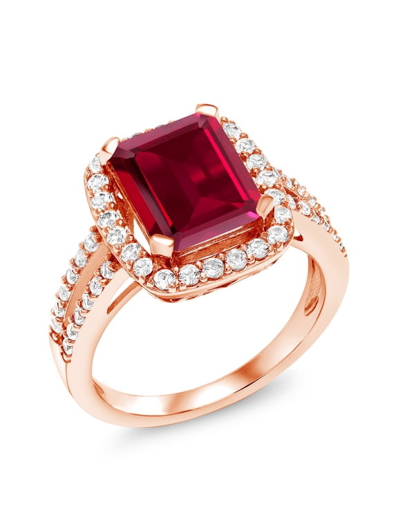 4.38 Ct Red Created Ruby White Created Sapphire 18K Rose Gold Plated Silver Ring (Size 6)