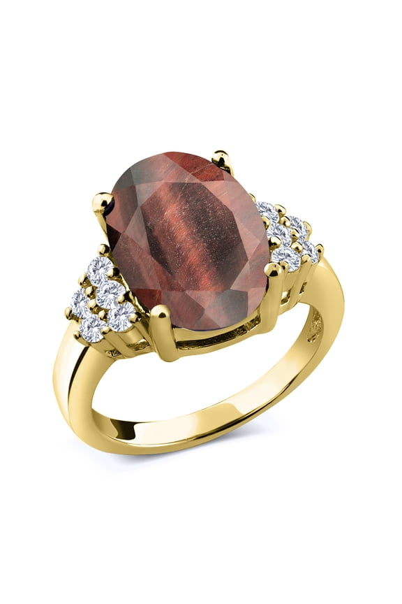 4.38 Ct Red Tiger Eye E-F Lab Grown Diamond 18K Yellow Gold Plated Silver Ring (Size 6)