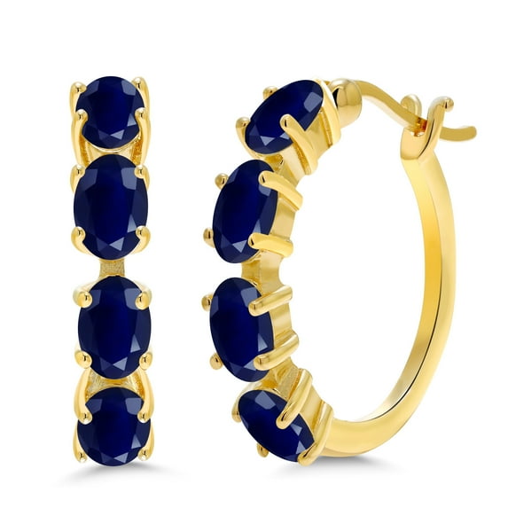 Gem Stone King 4.40 Ct Oval Blue Sapphire 18K Yellow Gold Plated Silver Earrings