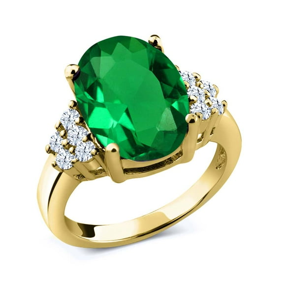 Gem Stone King 4.40 Cttw Green Simulated Emerald and White Created Sapphire Ring for Women | Oval 12X10MM | 18K Yellow Gold Plated Silver | Wedding Engagement Anniversary Ring for Women | Size 7