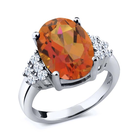 Gem Stone King 4.40 Cttw Oval Twilight Orange Mystic Quartz and White Topaz Ring for Women | 925 Sterling Silver | Gemstone Birthstone | Wedding Engagement Anniversary Promise Ring for Women | Size 6
