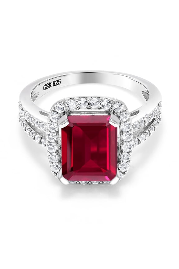 4.42 Cttw Red Created Ruby Ring | Engagement Ring for Women | Emerald Cut 10X8MM | Wedding Engagement Anniversary Promise Ring for Women | Size 5