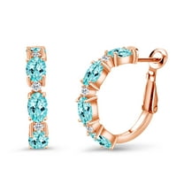 Gem Stone King 4.43 Ct Oval Blue Apatite White Topaz 18K Rose Gold Plated Silver Hoop Earrings
