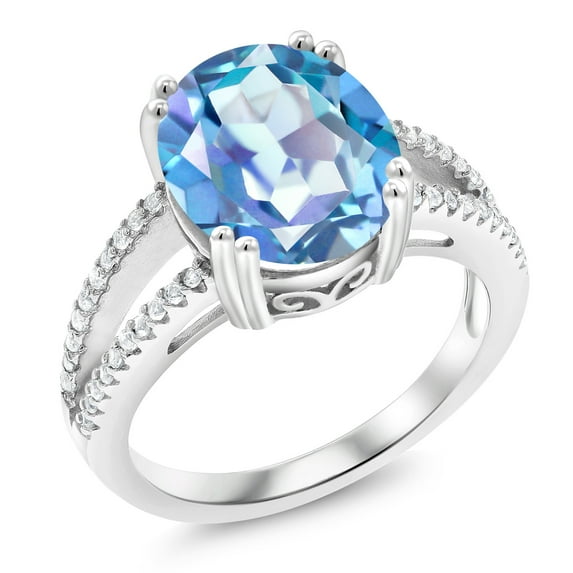 Gem Stone King 4.48 Cttw 925 Sterling Silver Millennium Blue Mystic Quartz Ring for Women | Oval 12X10MM | Gemstone Birthstone | Available in Size 5, 6, 7, 8, 9