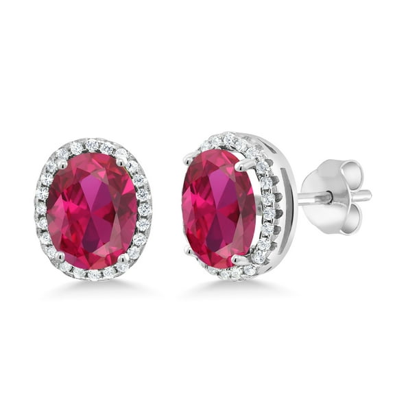 Gem Stone King 4.48 Cttw Red Created Ruby Halo Earrings for Women in 925 Sterling Silver | Oval 9X7MM