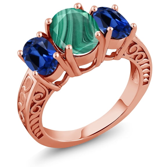 Gem Stone King 4.50 Ct Green Malachite Blue Created Sapphire 18K Rose Gold Plated Silver Ring (Size 6)
