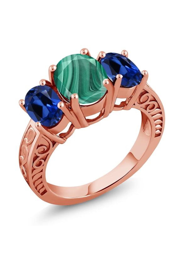 4.50 Ct Green Malachite Blue Created Sapphire 18K Rose Gold Plated Silver Ring (Size 7)