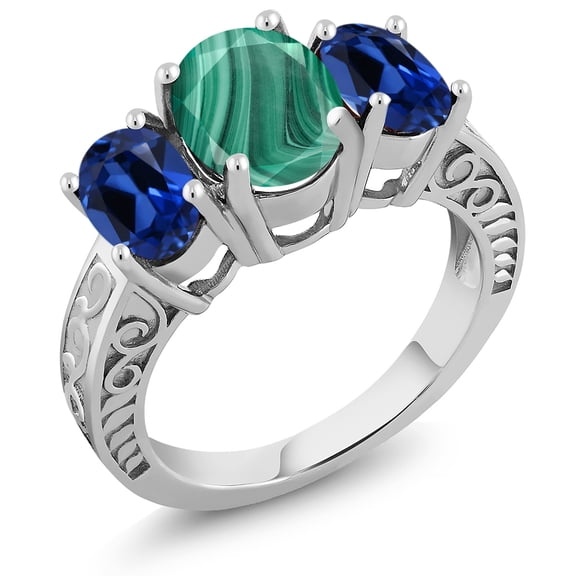 Gem Stone King 4.50 Ct Oval Green Malachite Blue Created Sapphire 925 Sterling Silver Ring (Size 9)