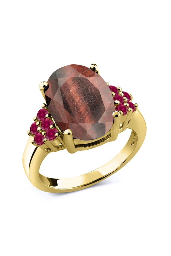 4.50 Ct Oval Red Tiger Eye Red Created Ruby 18K Yellow Gold Plated Silver Ring (Size 8)