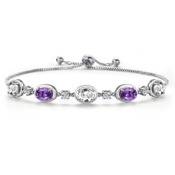 925 Sterling Silver White Created Sapphire and Purple Amethyst and Lab Grown Diamond Bracelet for Women | 4.90 Cttw | Gemstone September Birthstone | Oval 7X5MM | Fully Adjustable 9 inch